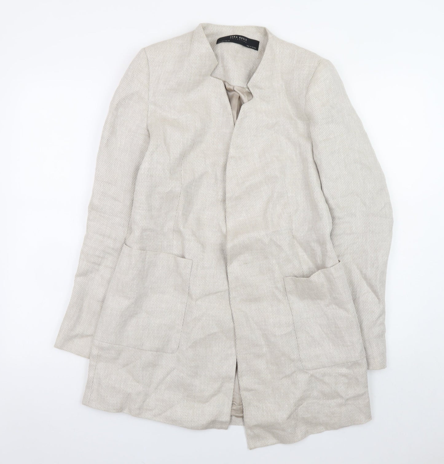 Zara Women Beige Linen Blazer Jacket Size S Casual Mid-Length