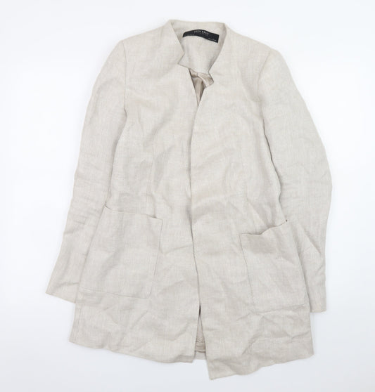 Zara Women Beige Linen Blazer Jacket Size S Casual Mid-Length
