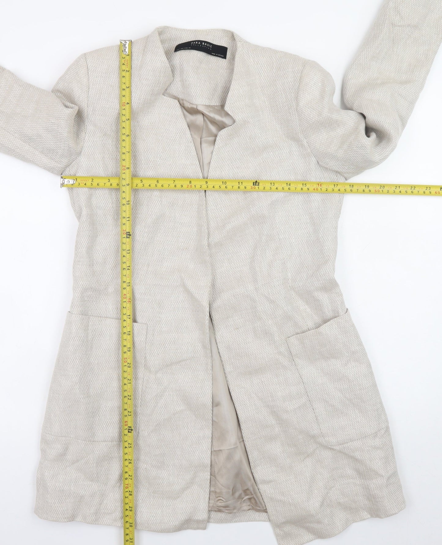Zara Women Beige Linen Blazer Jacket Size S Casual Mid-Length