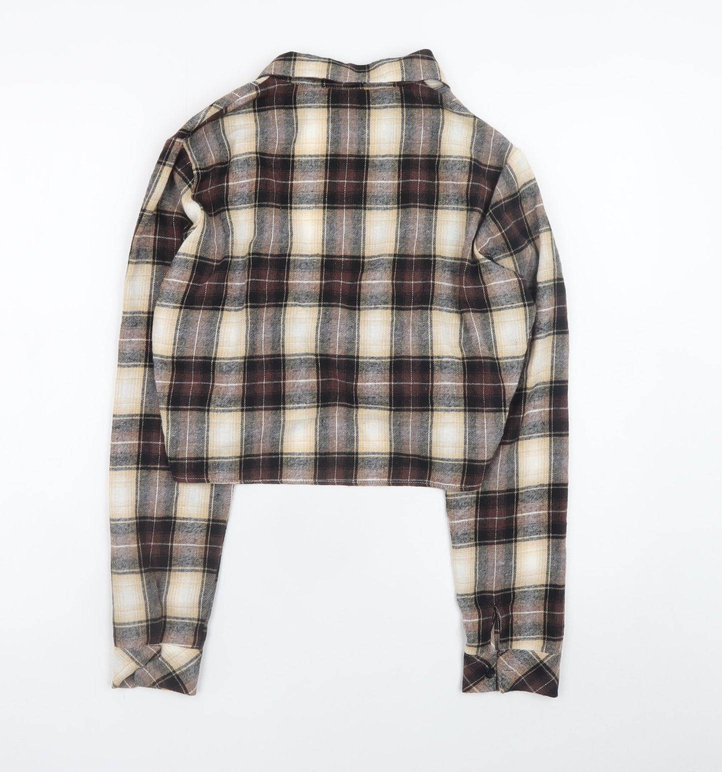 PrettyLittleThing Women Brown Check Cropped Flannel Shirt UK10