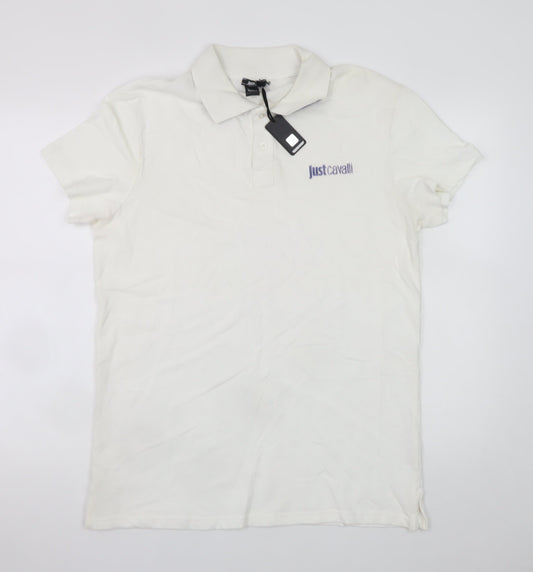 Just Cavalli Men Ivory Cotton Short Sleeve Polo Shirt L 50V
