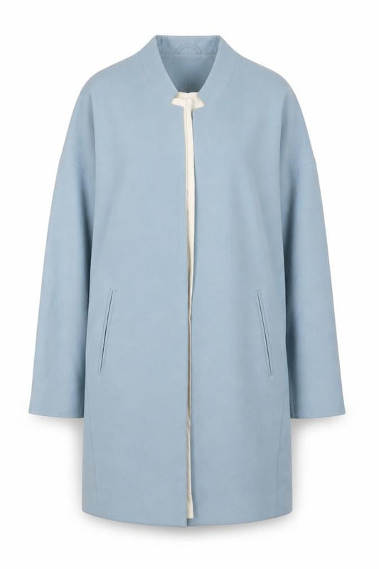 Front view of Atmosphere Women Blue Long Overcoat, size 8, Classic Lightweight