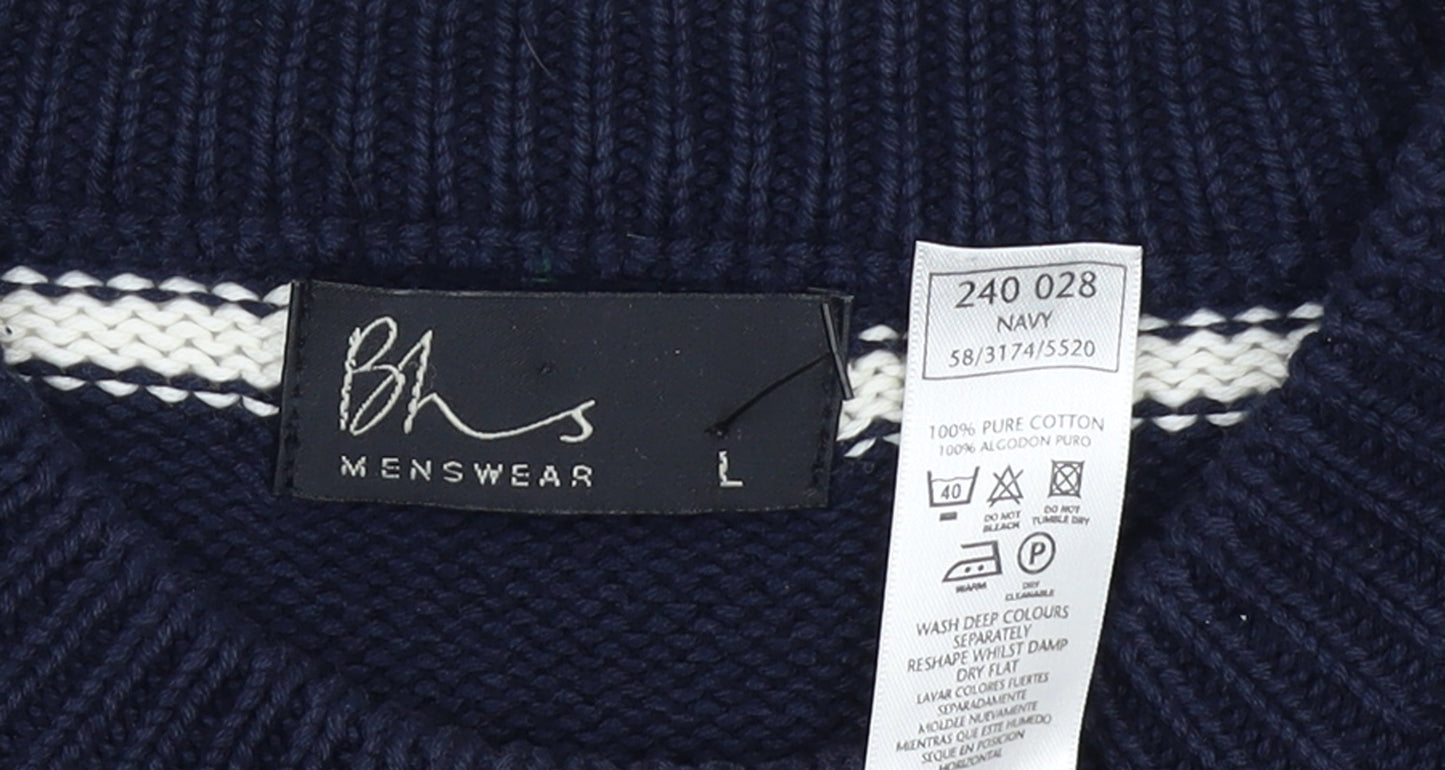 BHS Mens Blue Striped Cotton Crew Neck Jumper Size L