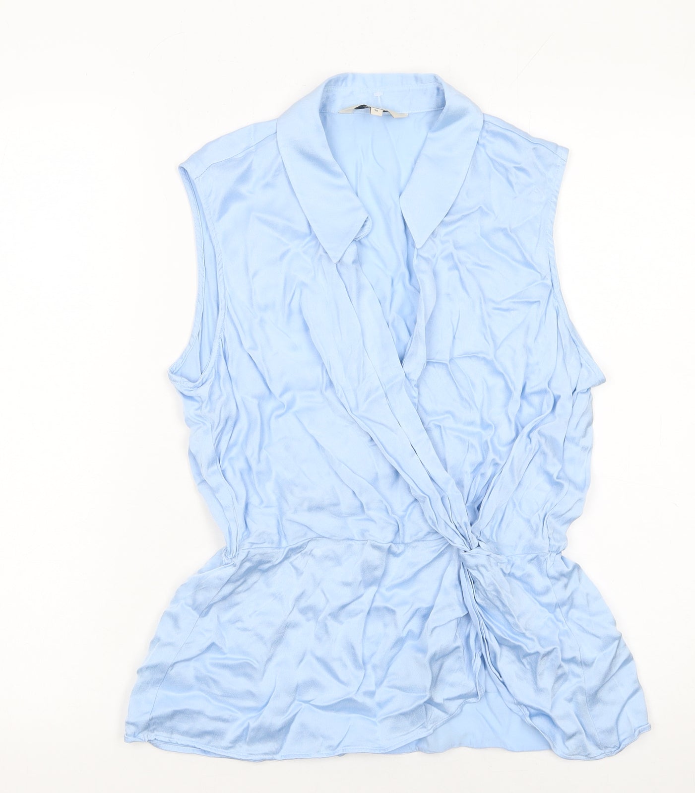 Next Women Blue Viscose Wrap Blouse Size 10 Sleeveless Collared Top
