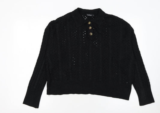 Boohoo Women’s Black Collared Cable Knit Henley Jumper Size M
