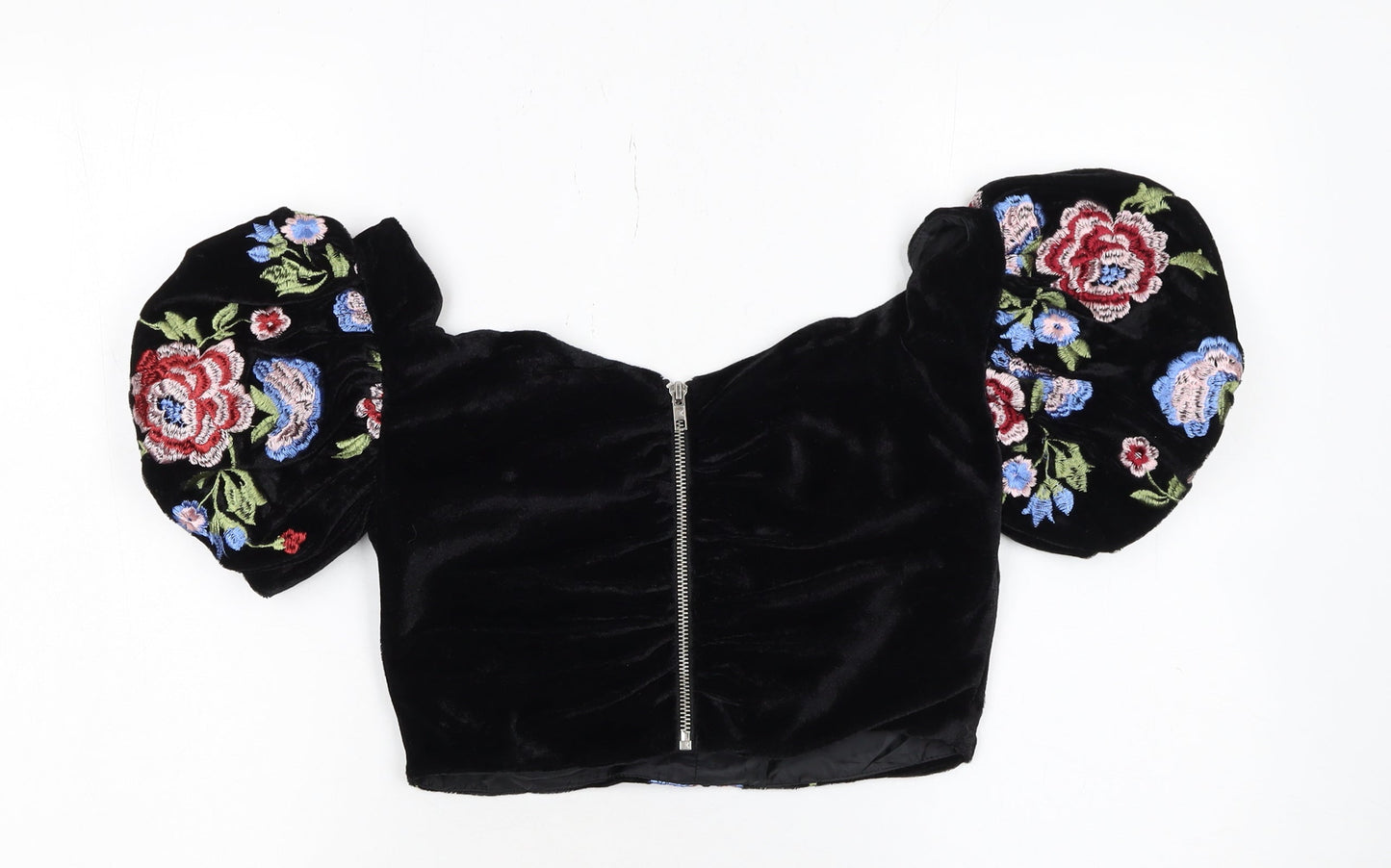 Topshop Women's Black Floral Velvet Embroidered Cropped Puff Sleeve Blouse UK 10