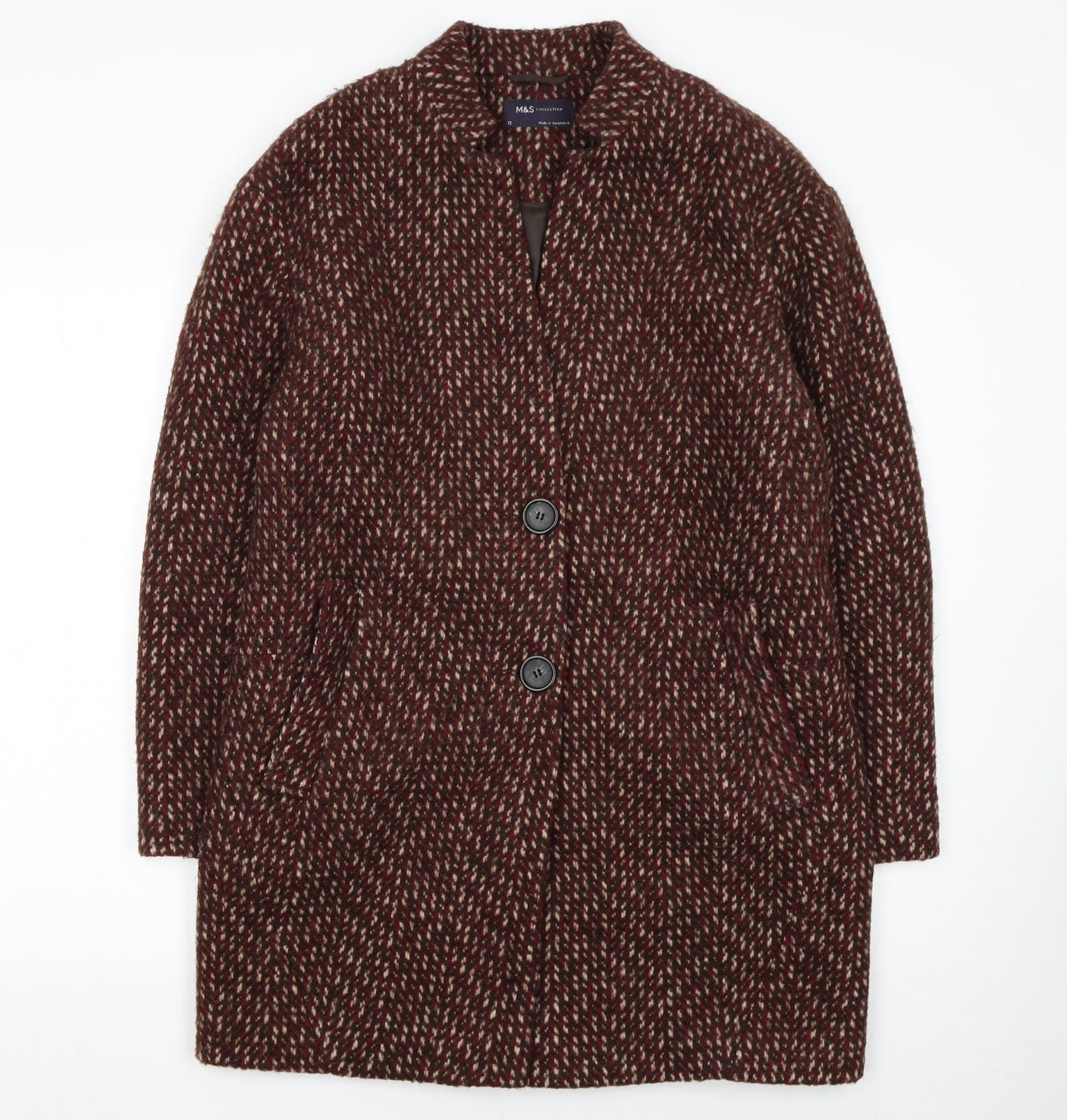 Marks and Spencer Women Brown Wool Blend Mid-Length Overcoat Size 12