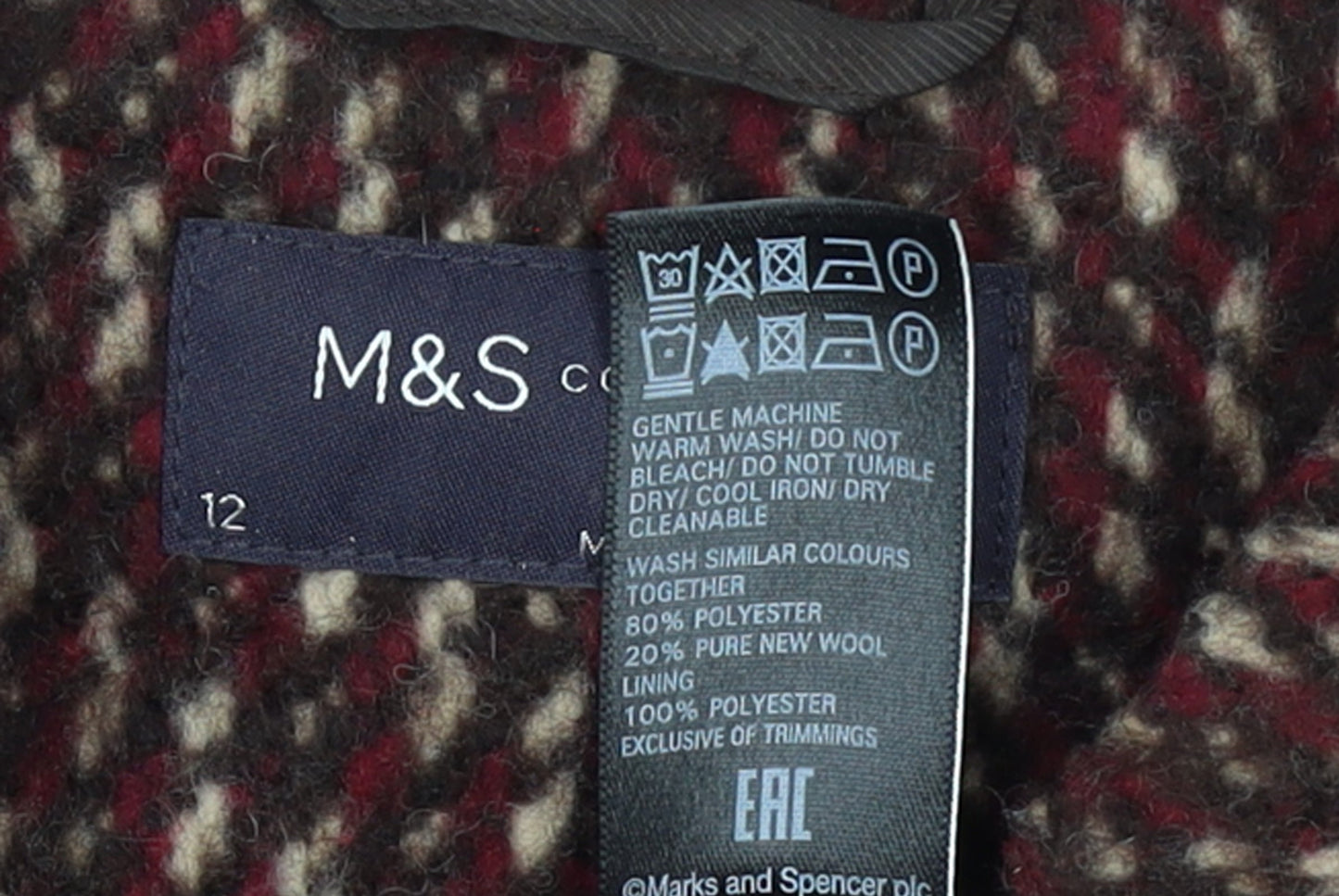 Marks and Spencer Women Brown Wool Blend Mid-Length Overcoat Size 12