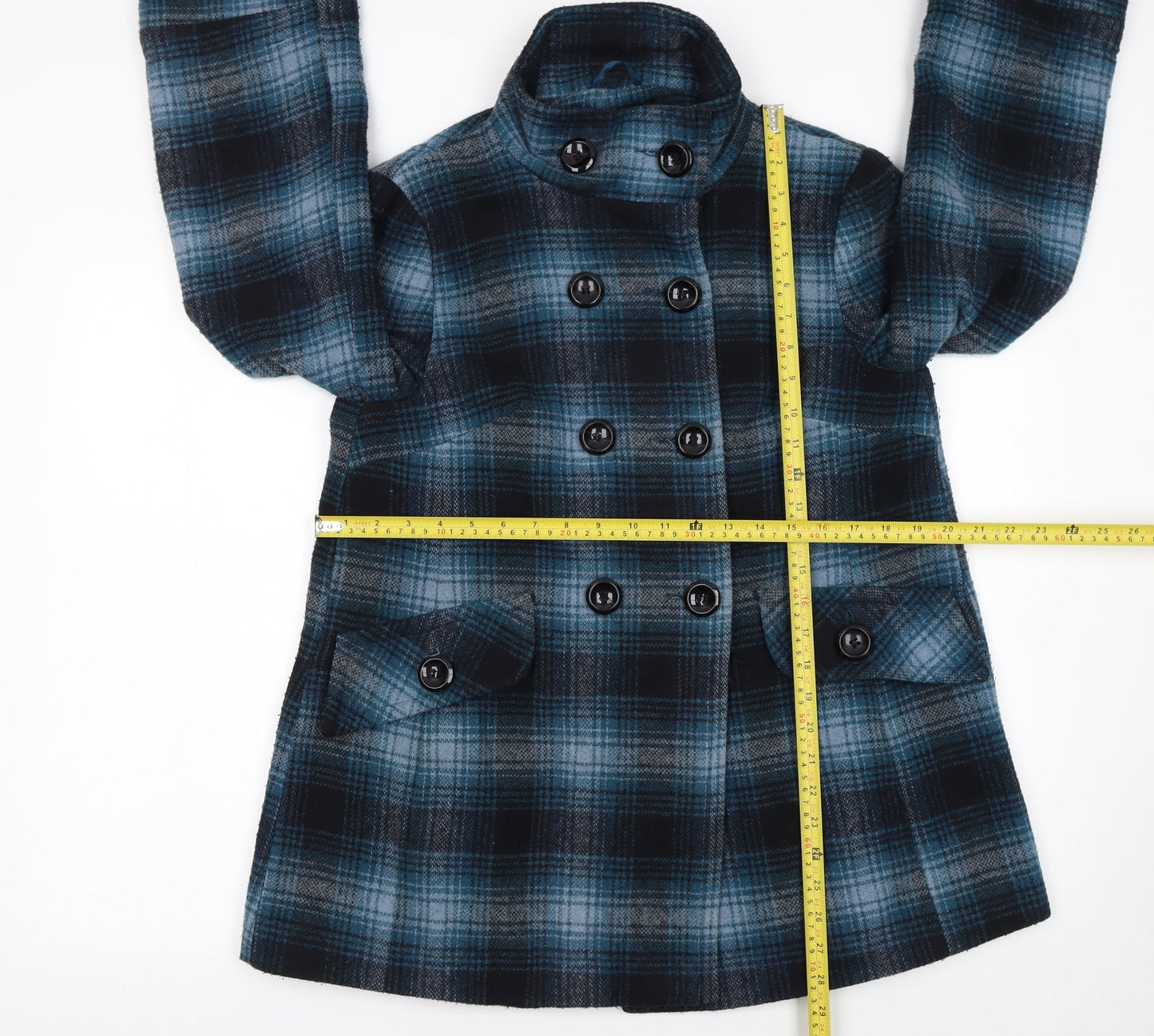 Dorothy Perkins Women Blue Check Wool Blend Pea Coat Size 10
