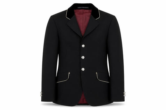 Front view of Cavallo boys’ black polyester four-button equestrian blazer 11 years