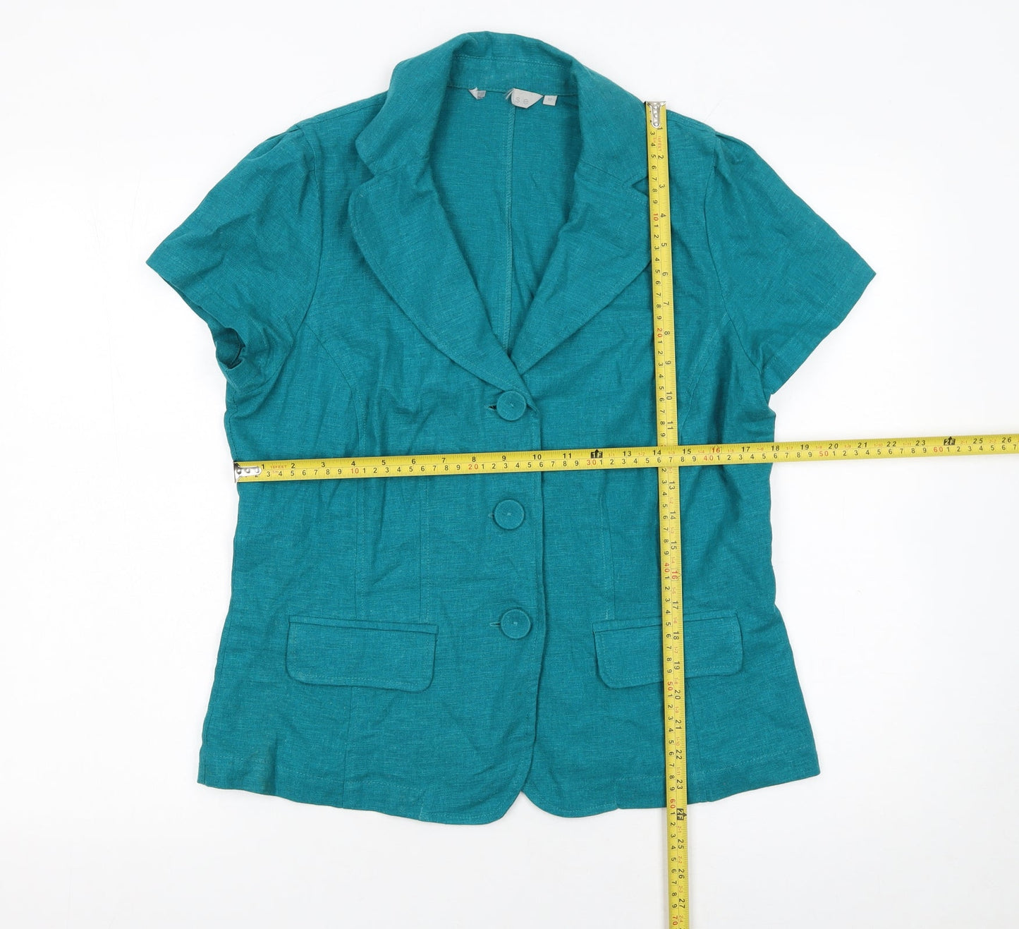 Per Se Women Green Linen Blend Short Sleeve Blazer Size 12