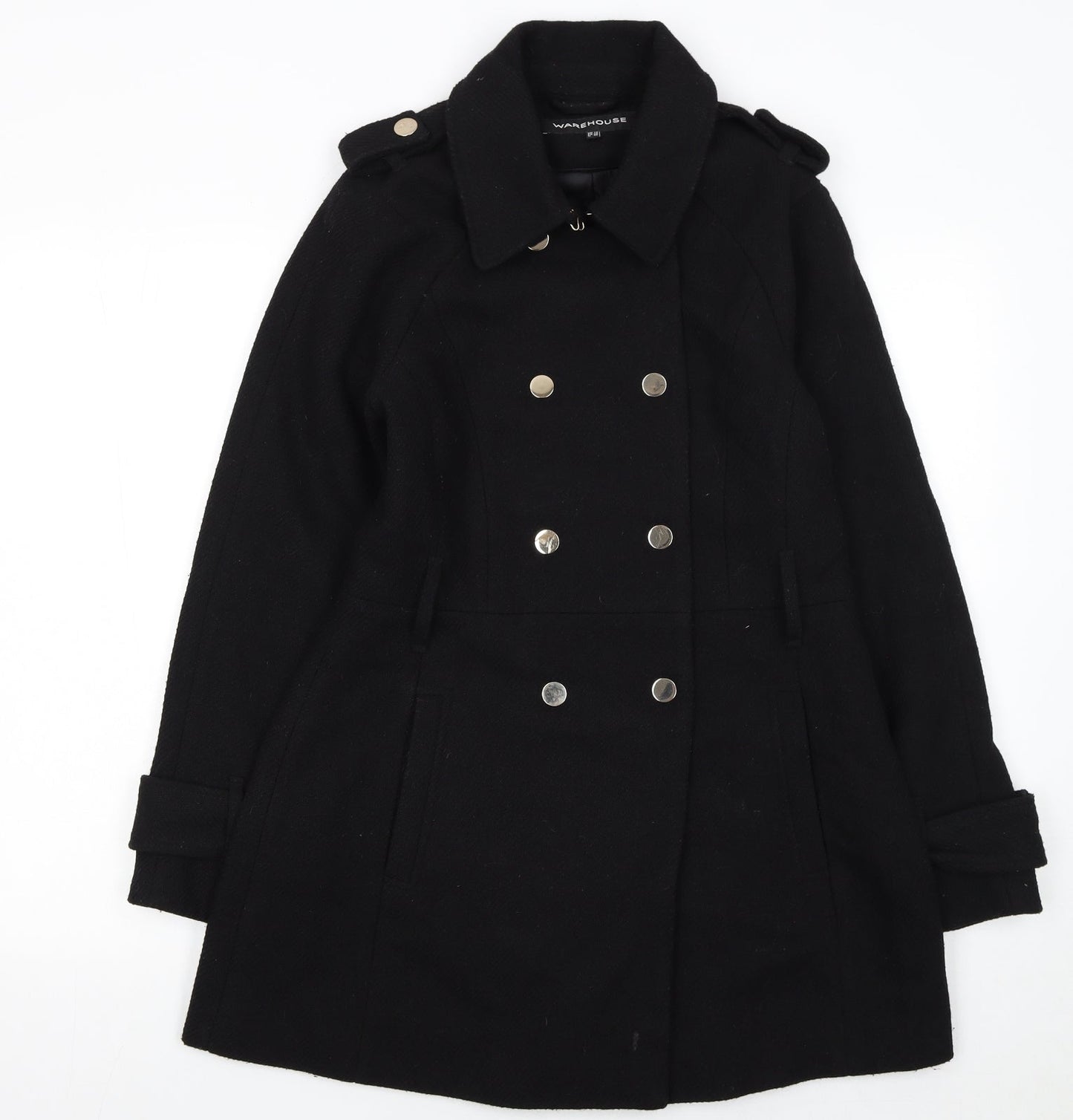 Warehouse Women Black Wool Blend Pea Coat UK 12 Double Breasted
