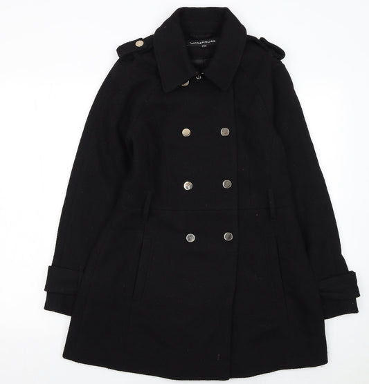 Warehouse Women Black Wool Blend Pea Coat UK 12 Double Breasted