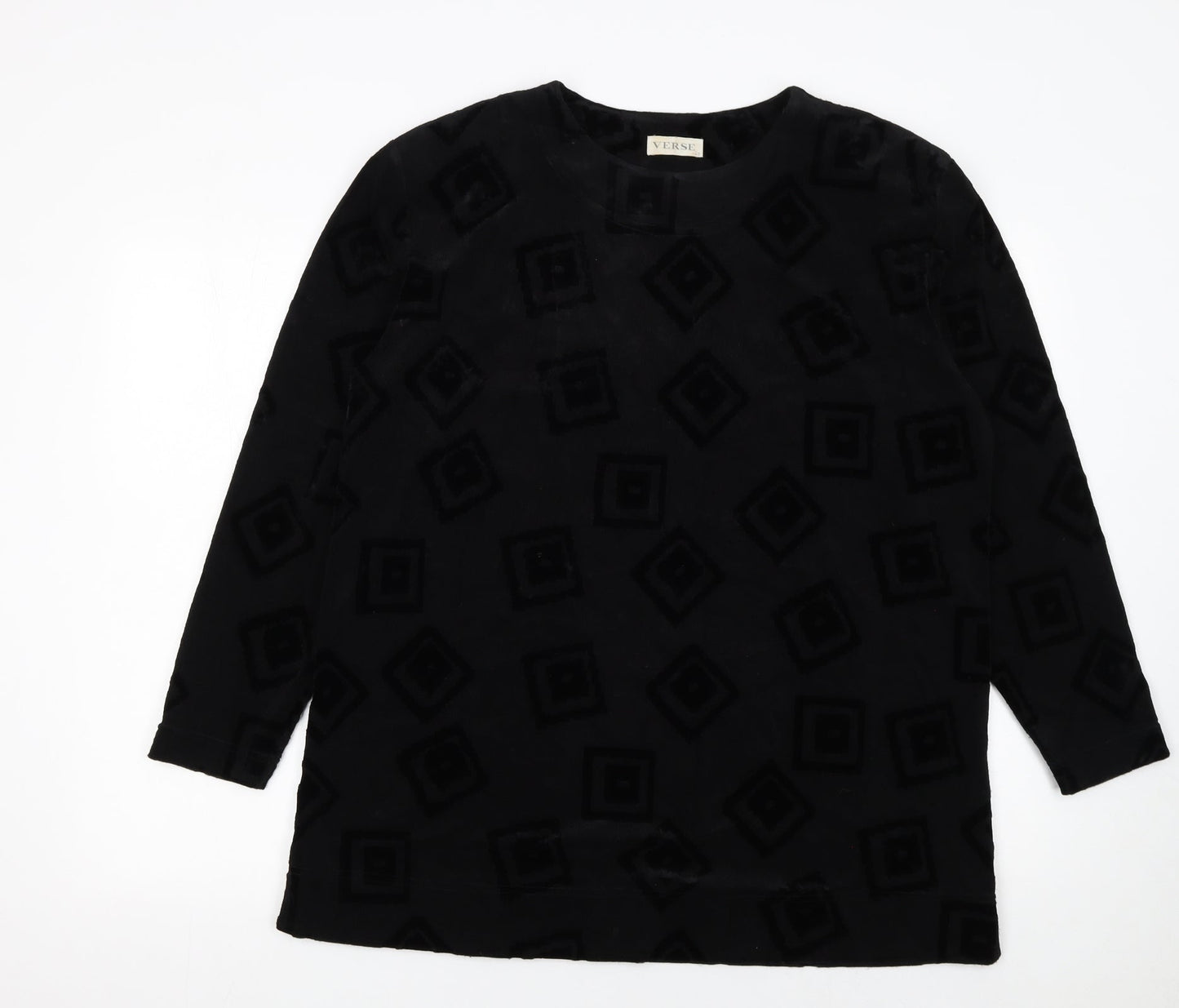 Verse Womens Black Geometric Velvet Long Sleeve Pullover Jumper Size 14