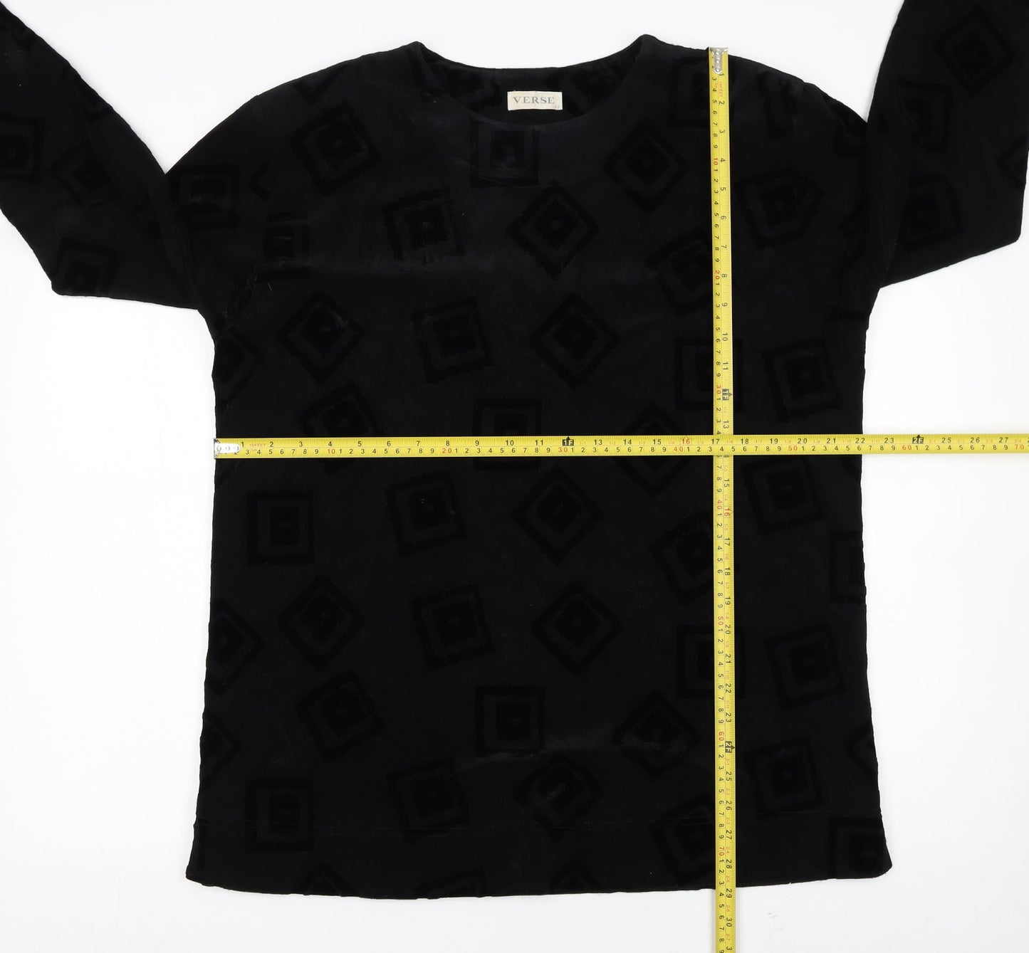 Verse Womens Black Geometric Velvet Long Sleeve Pullover Jumper Size 14