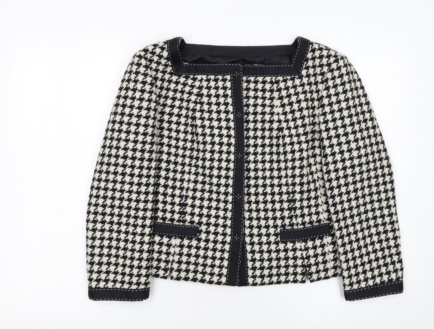 Hobbs Women Black Houndstooth Wool Blend Tweed Blazer Size 12