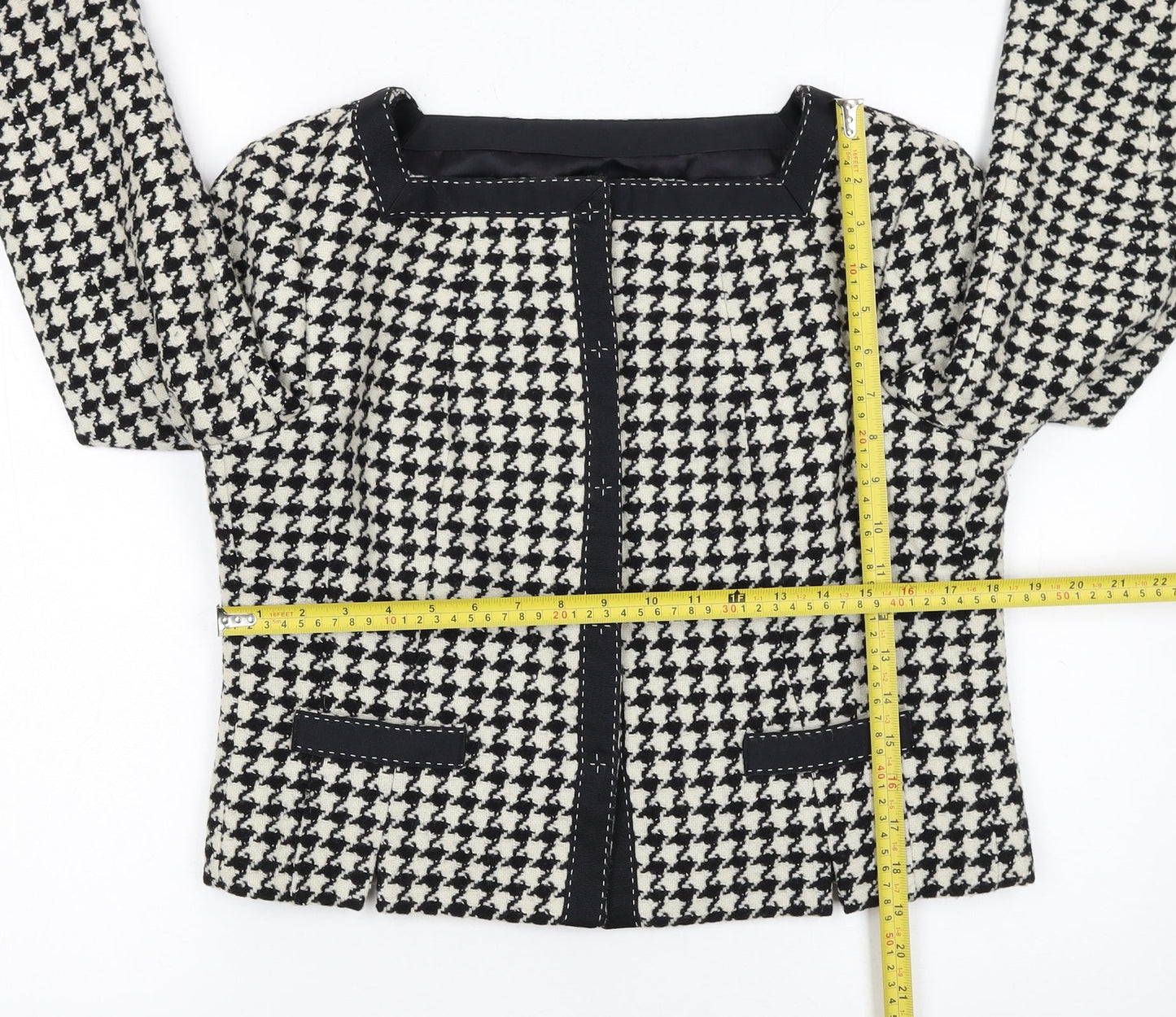 Hobbs Women Black Houndstooth Wool Blend Tweed Blazer Size 12