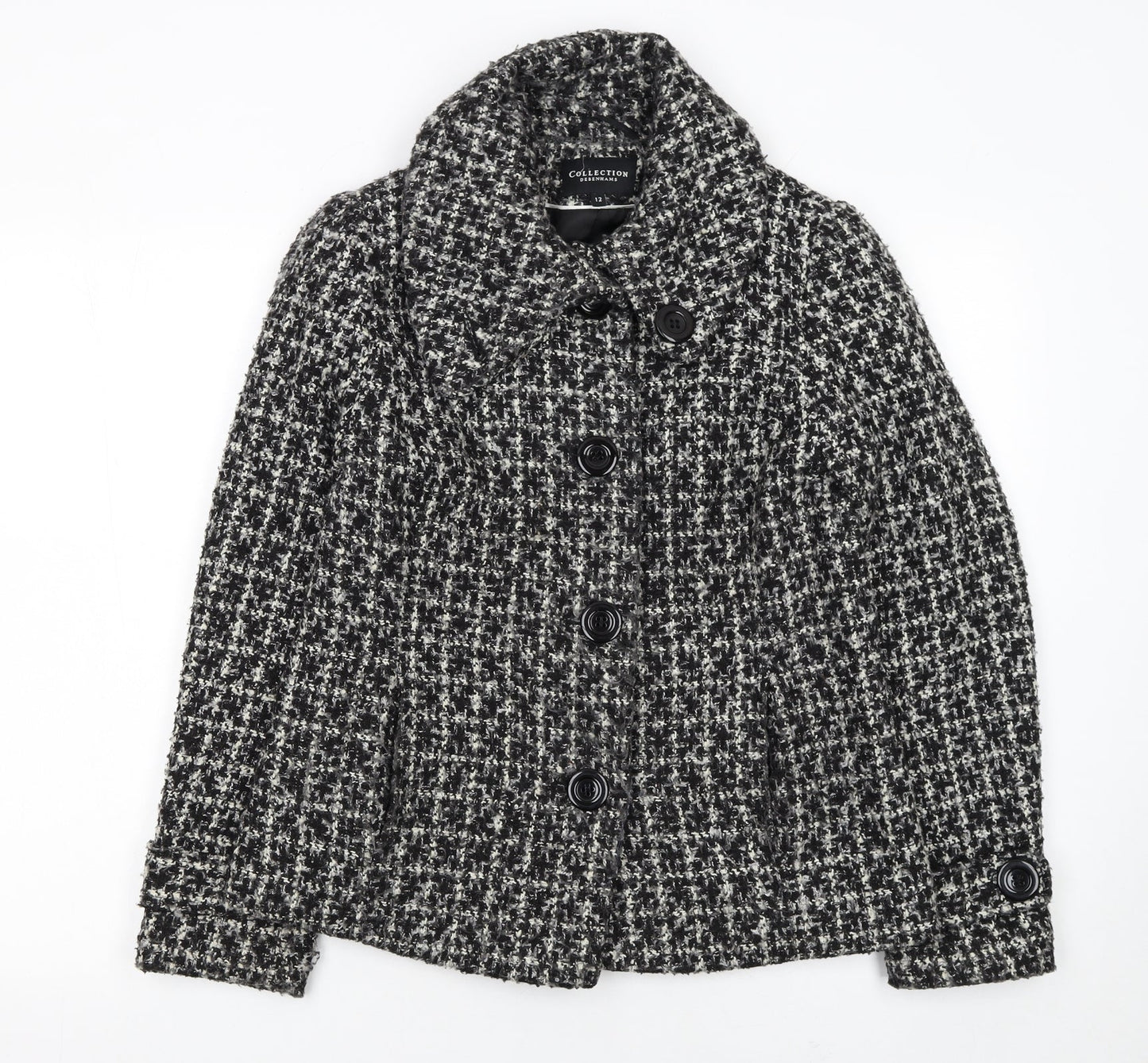 Debenhams Women’s Black Wool Blend Tweed Pea Coat Jacket Size 12