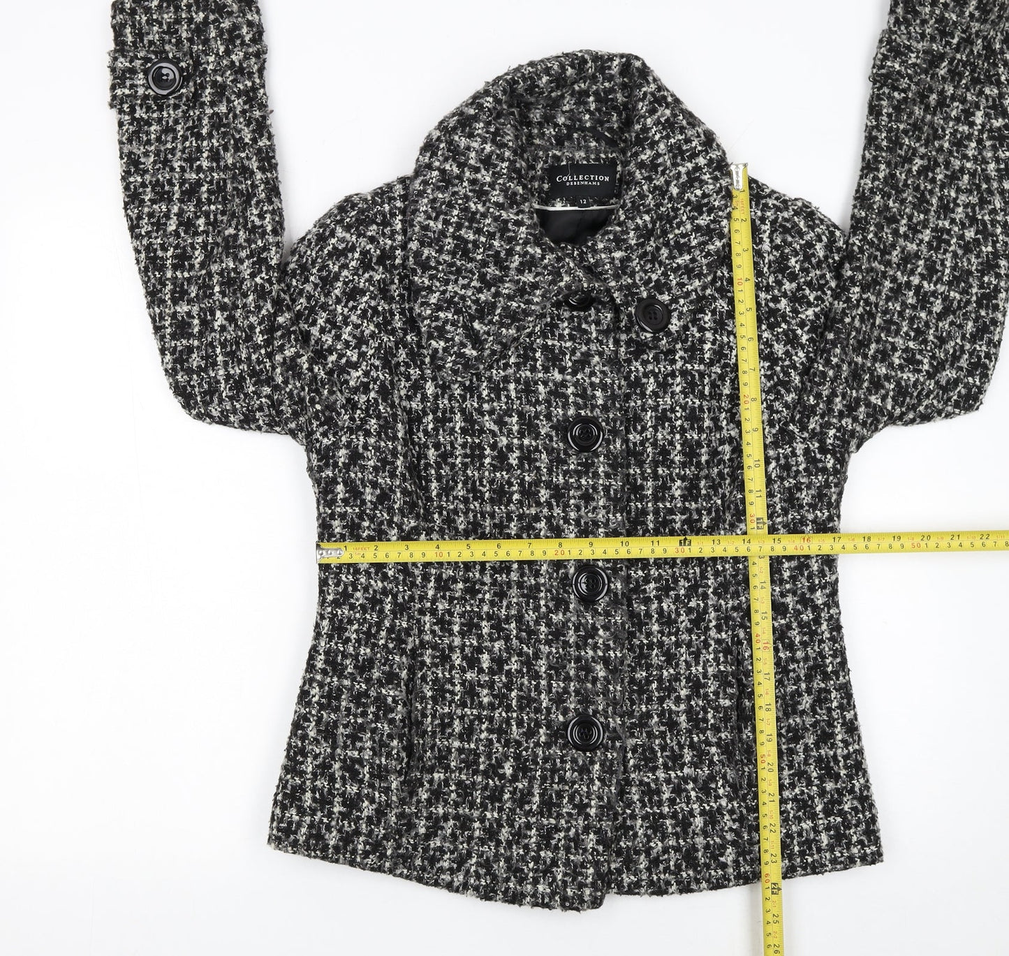 Debenhams Women’s Black Wool Blend Tweed Pea Coat Jacket Size 12