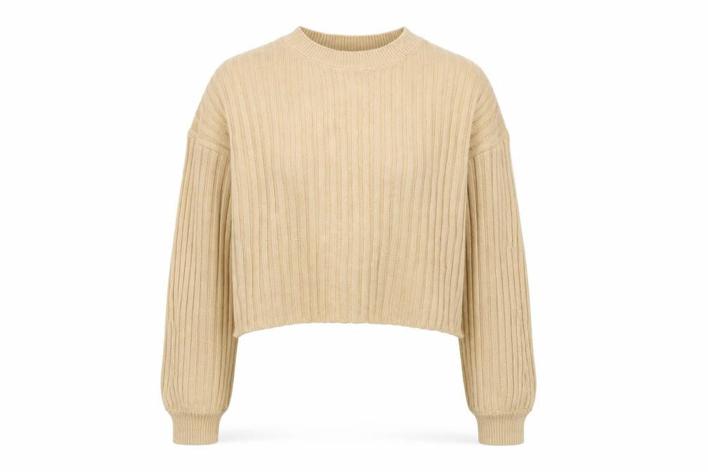 Stradivarius Women Beige Rib Knit Crew Neck Cotton Jumper Size S