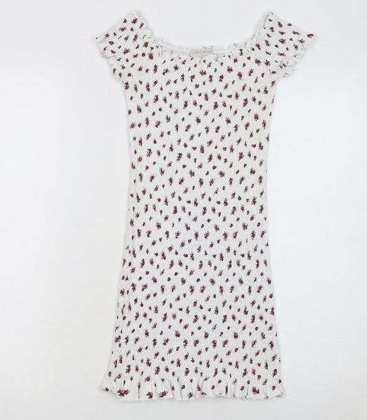 Pull & Bear Teens White Floral Short Sleeve Bodycon Dress S