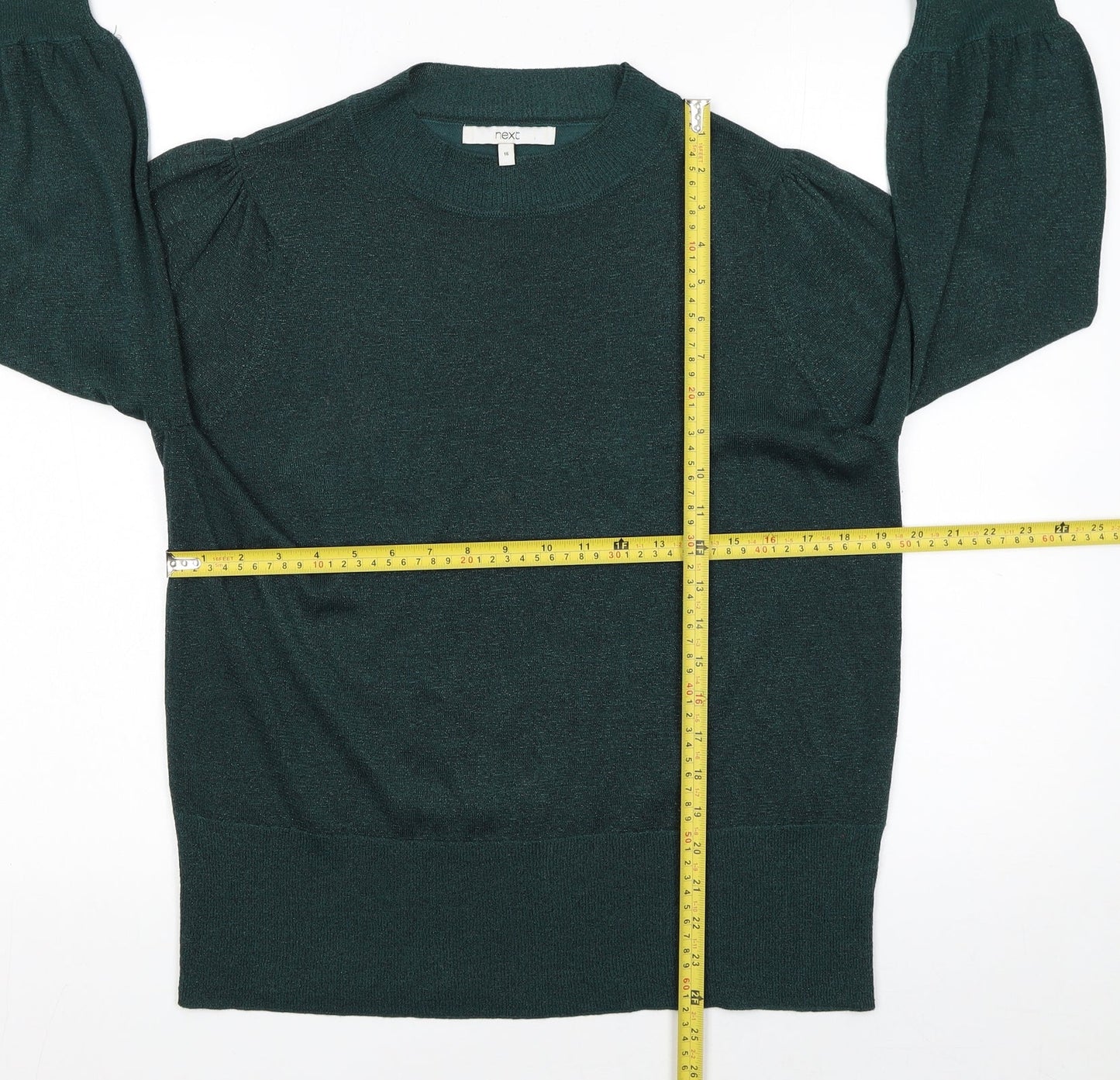 Next Women Green Metallic Knit Balloon Sleeve Jumper UK 16