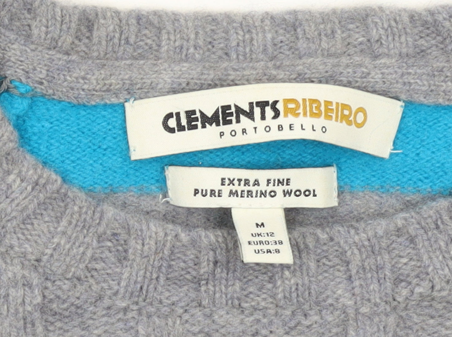 Clements Ribeiro Women Grey Blue Striped Cable-Knit Merino Wool Jumper UK 12