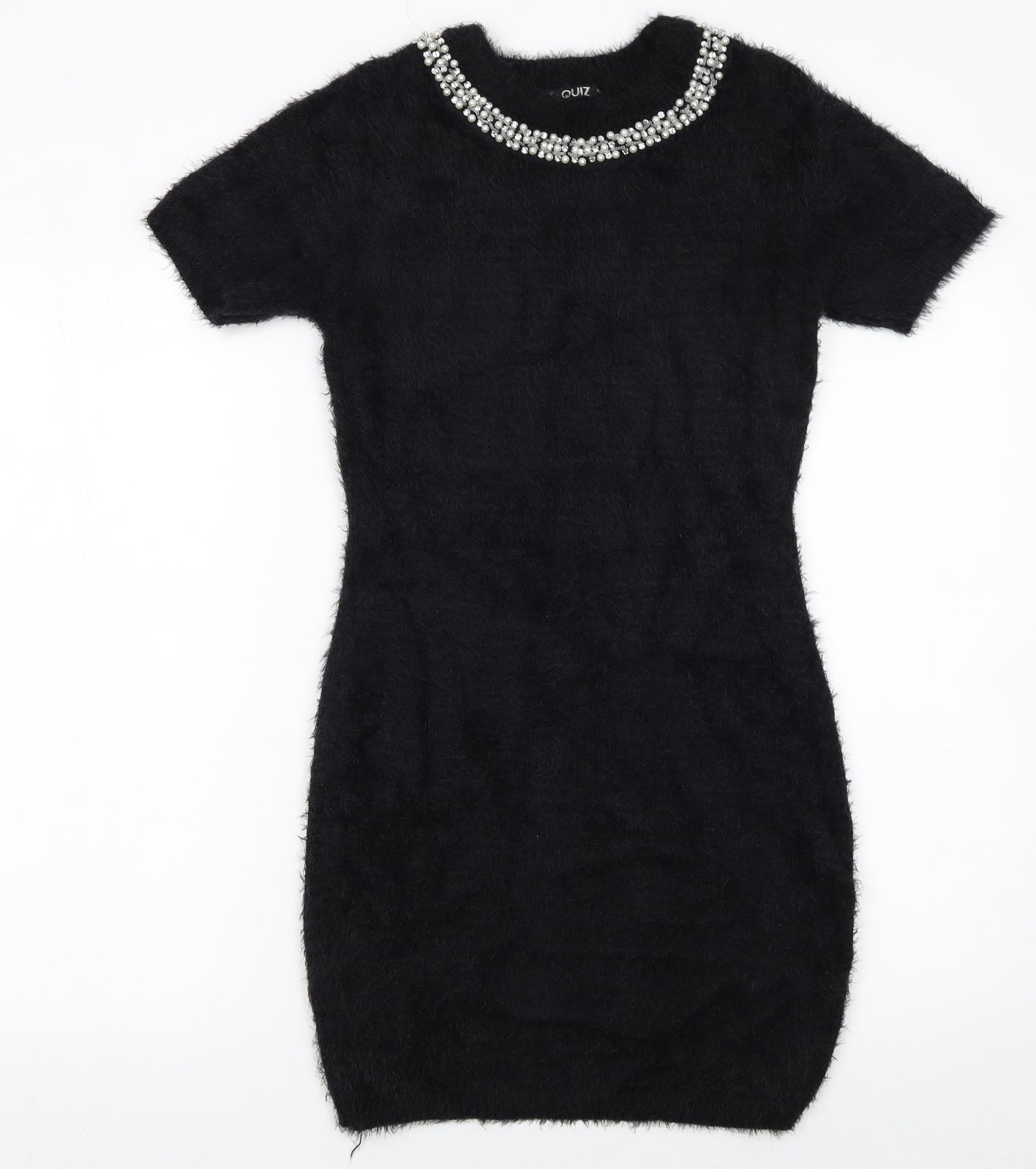 Quiz Womens Black Beaded Neck Short Sleeve Bodycon Dress Size S