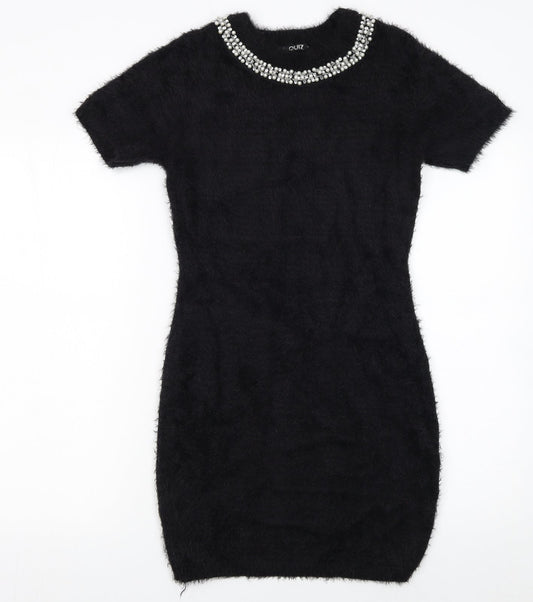 Quiz Womens Black Beaded Neck Short Sleeve Bodycon Dress Size S