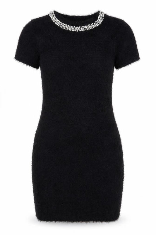 Quiz Womens Black Beaded Neck Short Sleeve Bodycon Dress Size S