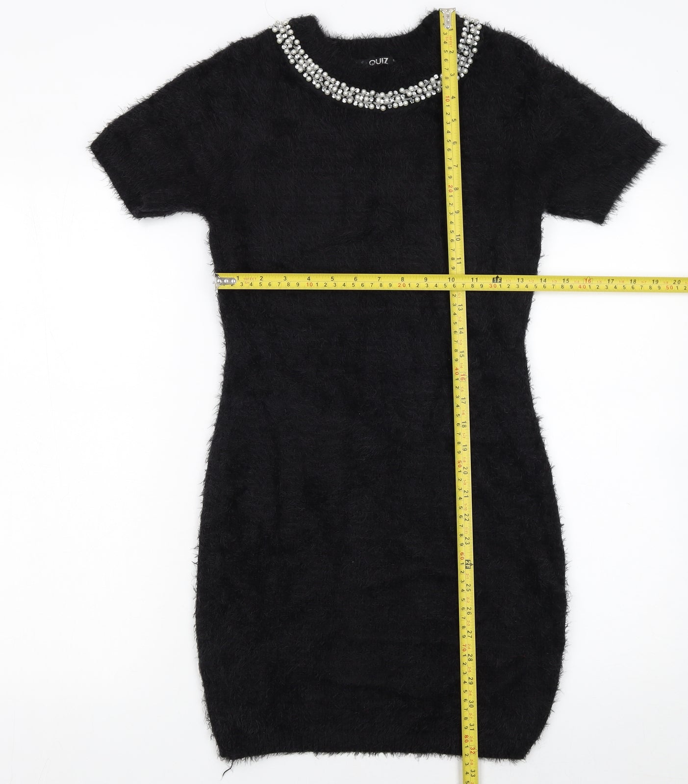 Quiz Womens Black Beaded Neck Short Sleeve Bodycon Dress Size S