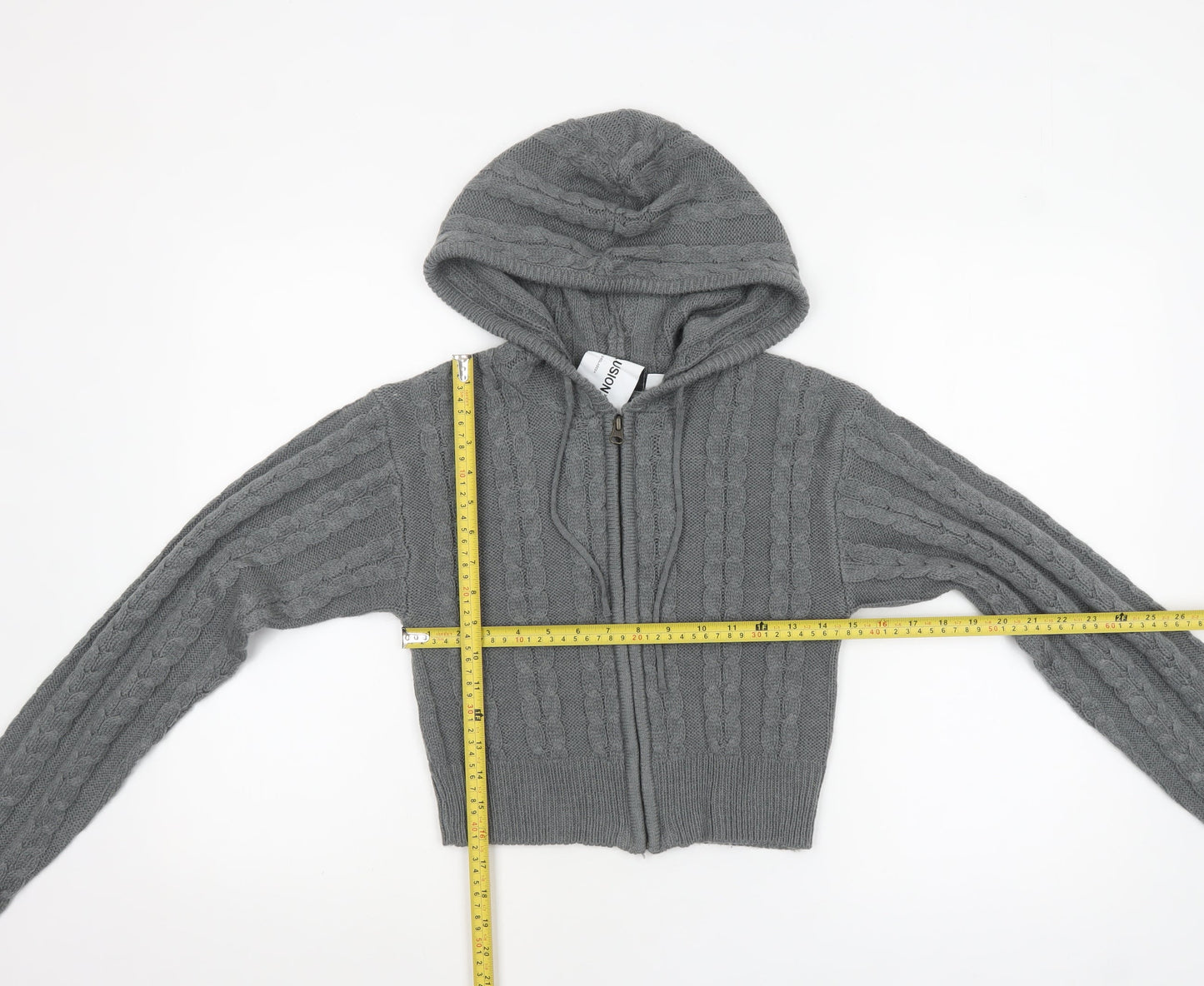 Collusion Women Grey Cable Knit Full Zip Hooded Jumper UK 10