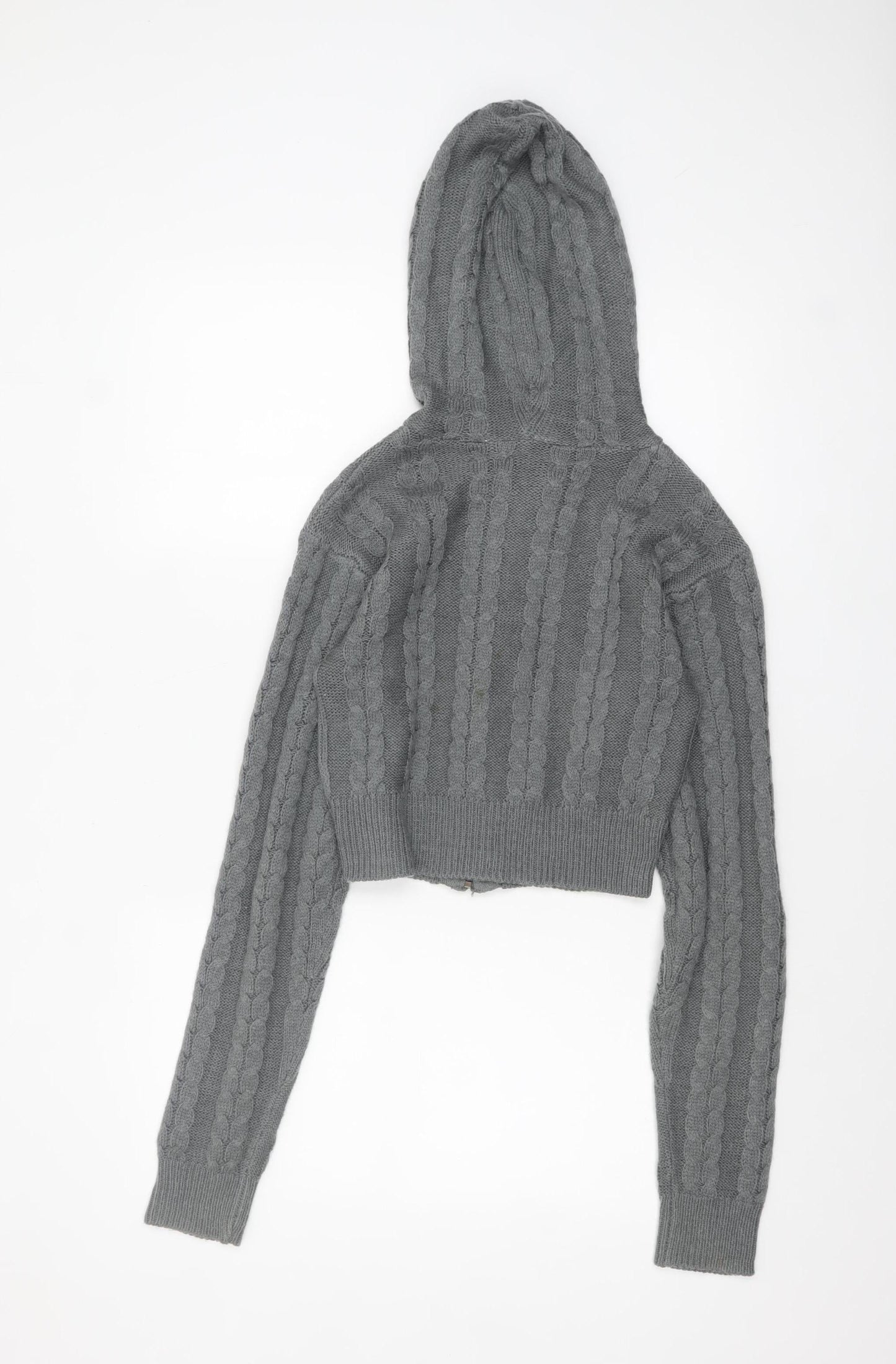 Collusion Women Grey Cable Knit Full Zip Hooded Jumper UK 10