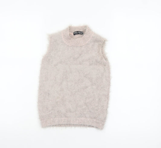 Select Women's Beige Fluffy Sleeveless Mock Neck Knit Vest Jumper Size 8