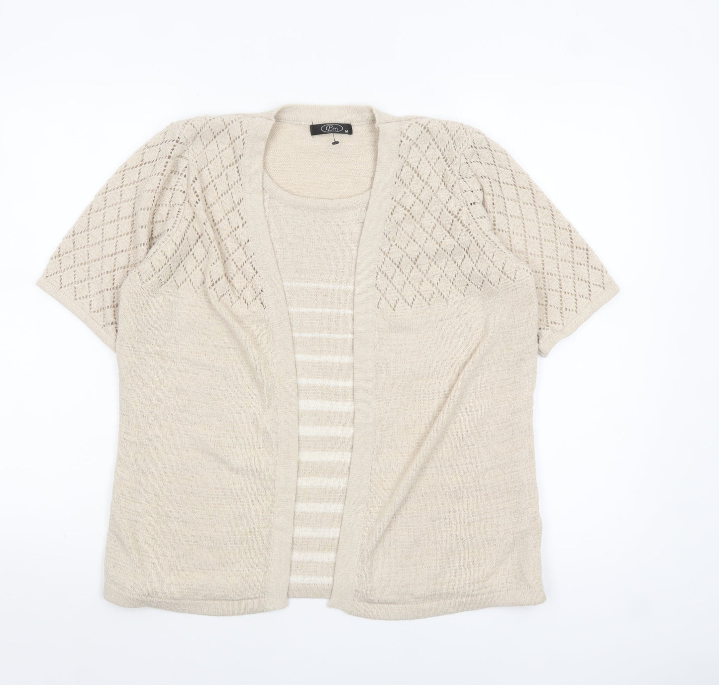 Bm Women Beige Short Sleeve Open Knit Cardigan M