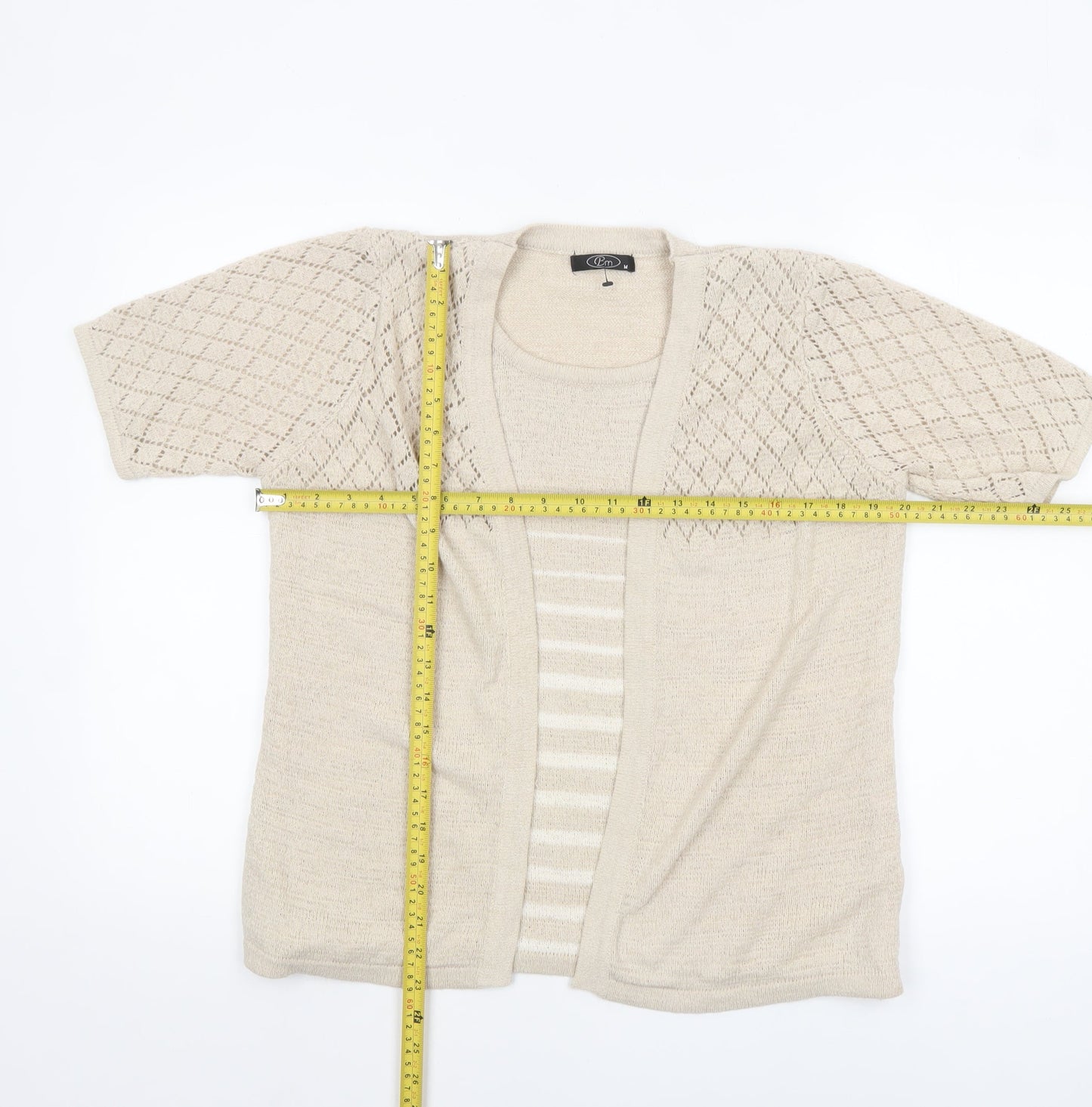 Bm Women Beige Short Sleeve Open Knit Cardigan M