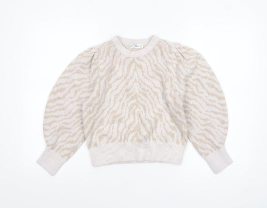 MNG Women Beige Animal Print Knit Pullover Jumper Size L