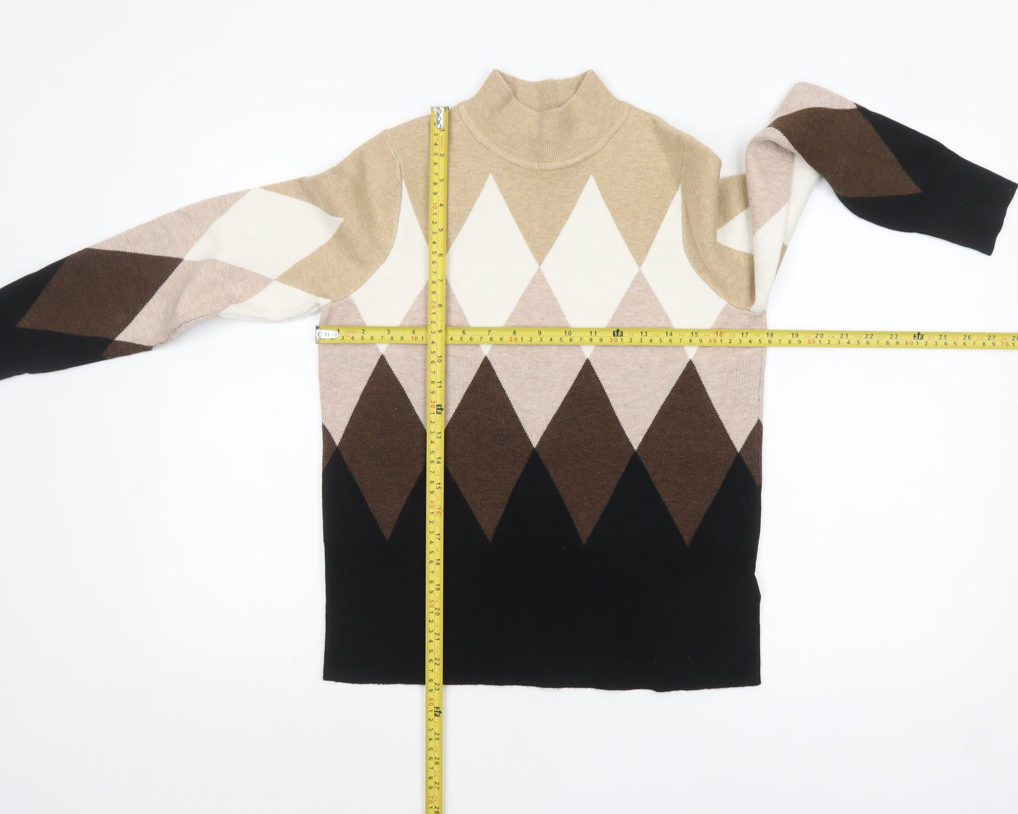 Marks and Spencer Women’s Beige Mock Neck Argyle Jumper Size 12