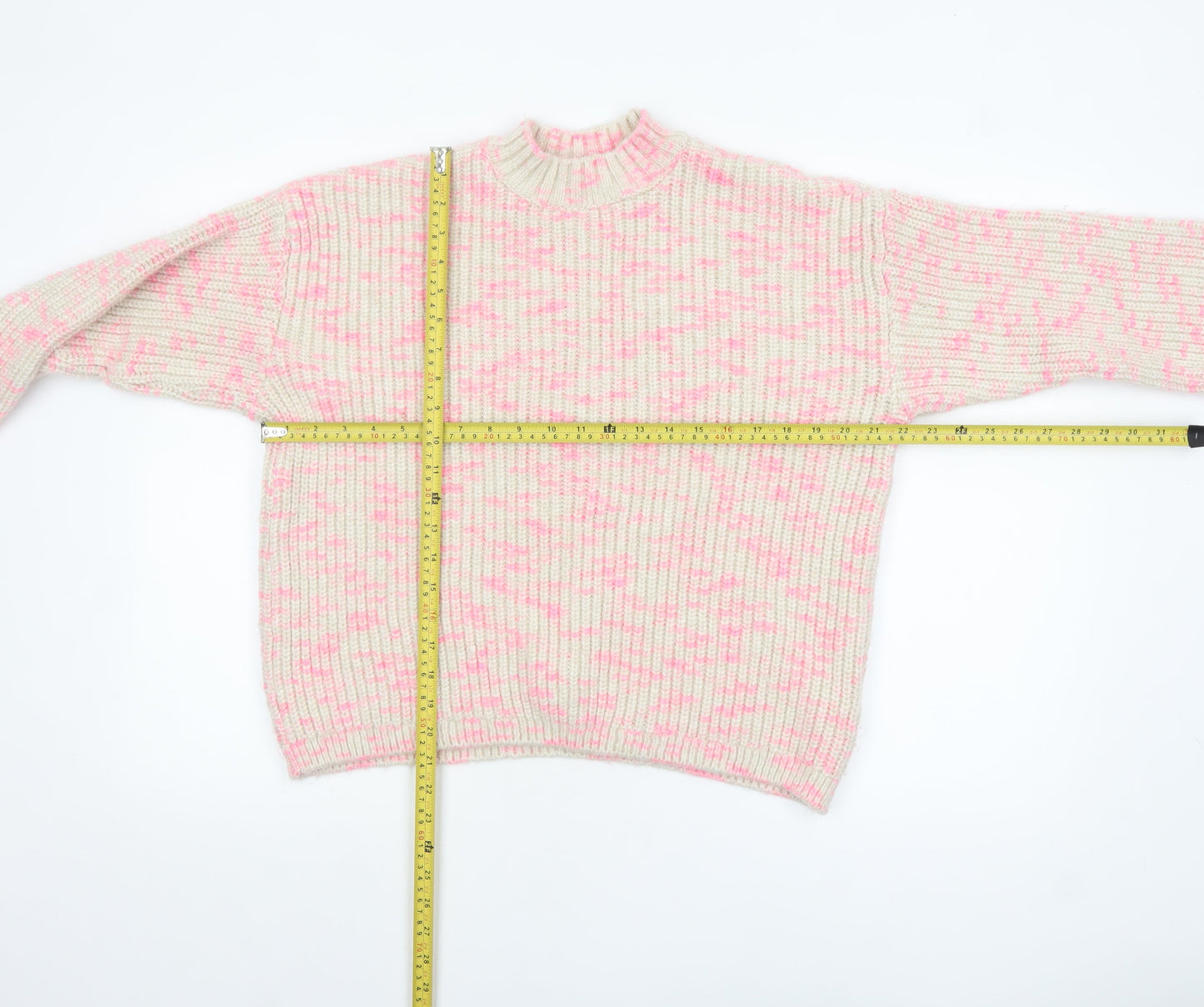 M&Co Womens Cream Pink Mock Neck Chunky Knit Jumper Size 16