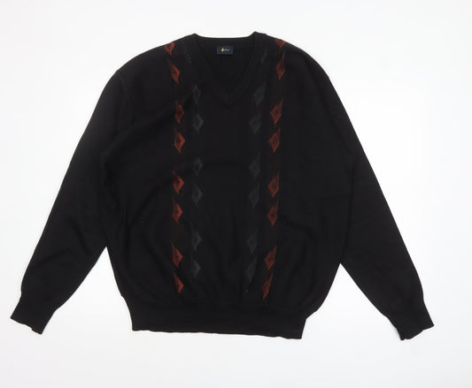 Gabicci Men's Black XL Wool Blend V-Neck Argyle Jumper