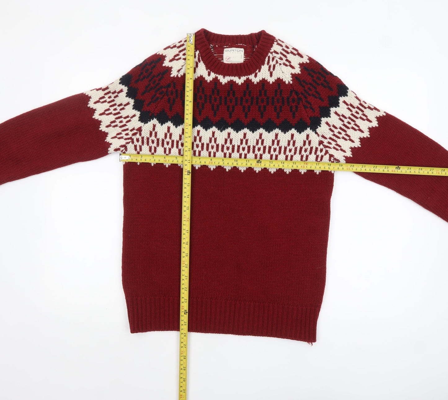 Burton Men's Red Fair Isle Crew Neck Knit Jumper Small