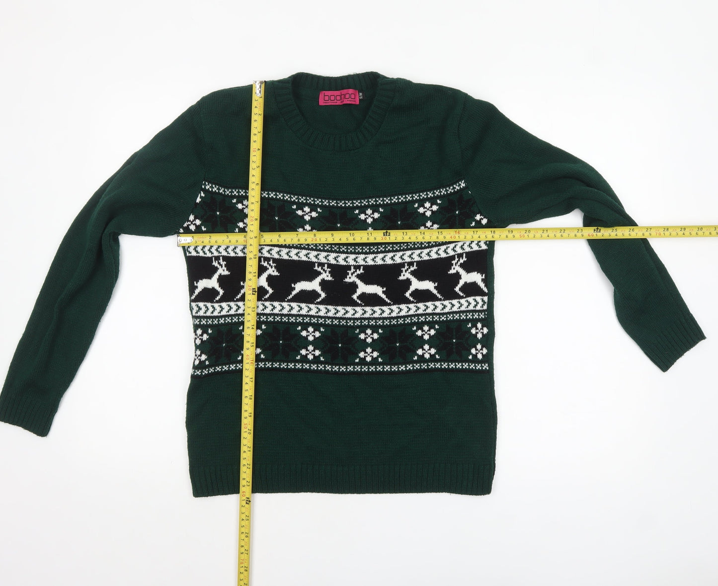 Boohoo Womens Green Christmas Reindeer Crew Neck Jumper Size S