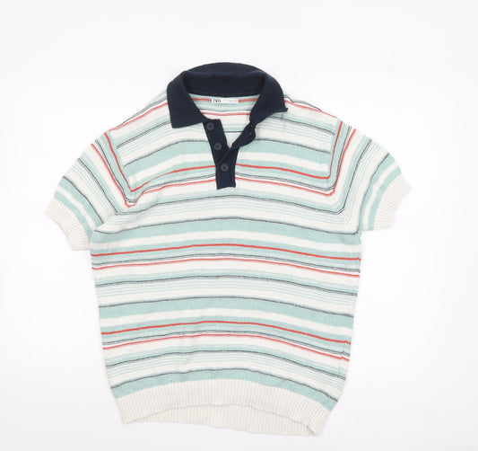 Zara Men’s Multicoloured Striped Collared Henley Jumper Size M