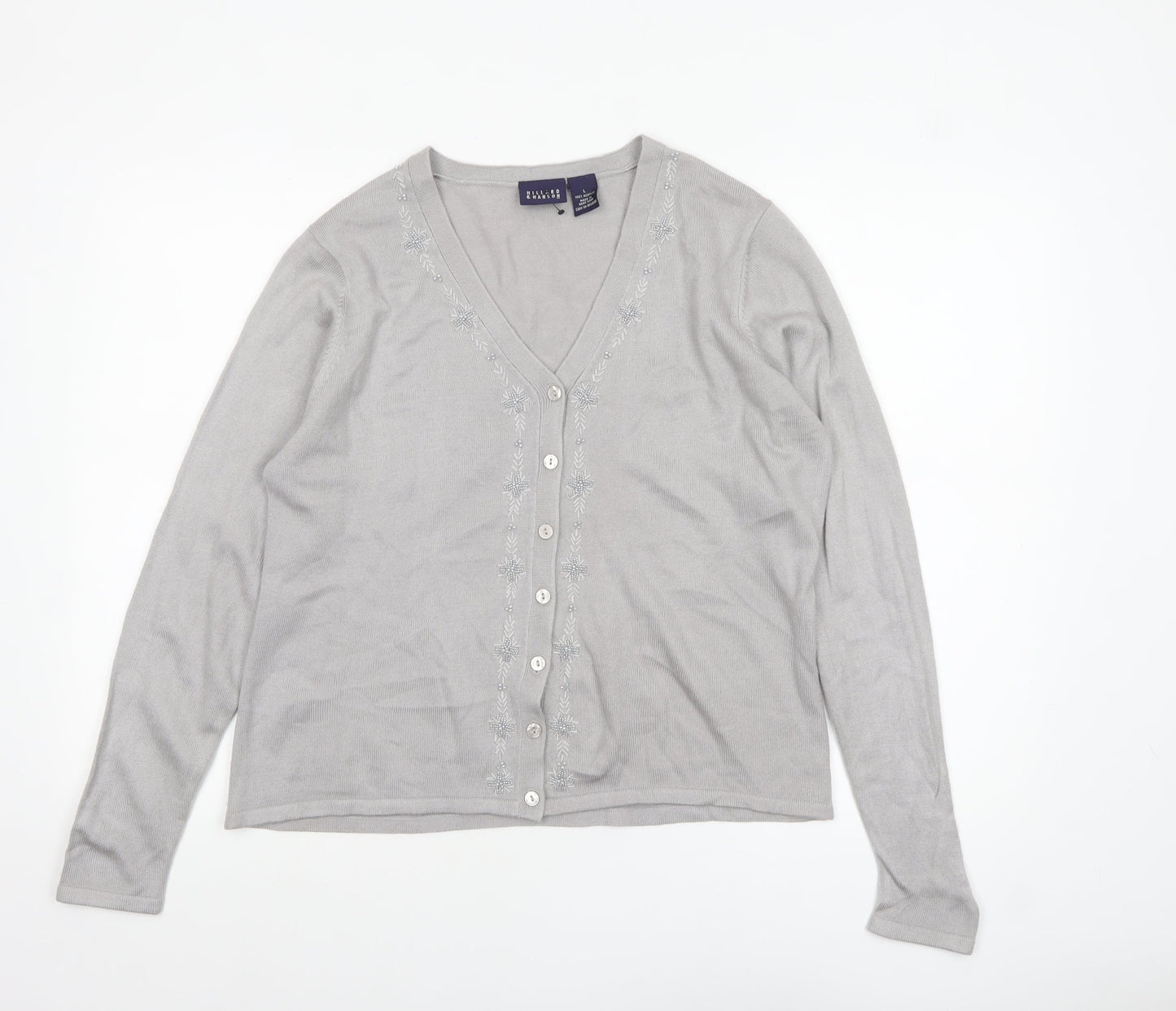 Hillard & Hanson Womens Grey V-Neck Embroidered Cardigan L