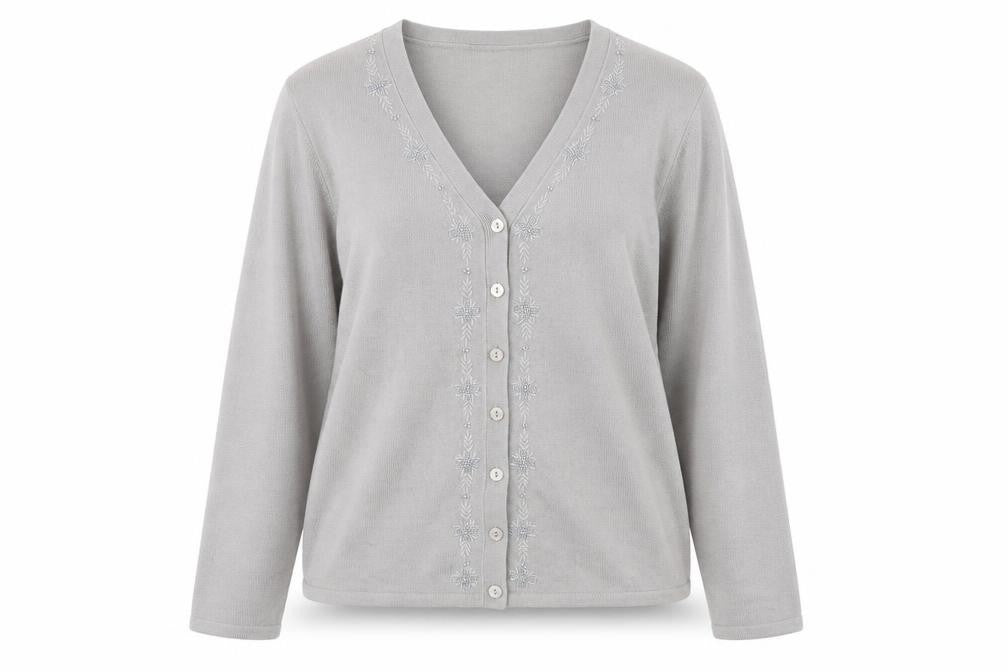 Hillard & Hanson Womens Grey V-Neck Embroidered Cardigan L