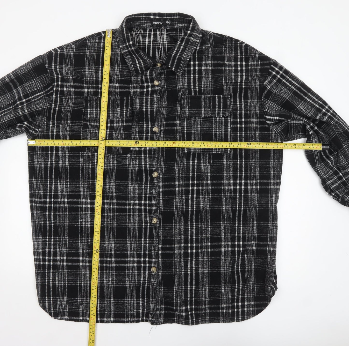Boohoo Women Black Checked Flannel Shacket UK 18 Long Sleeve