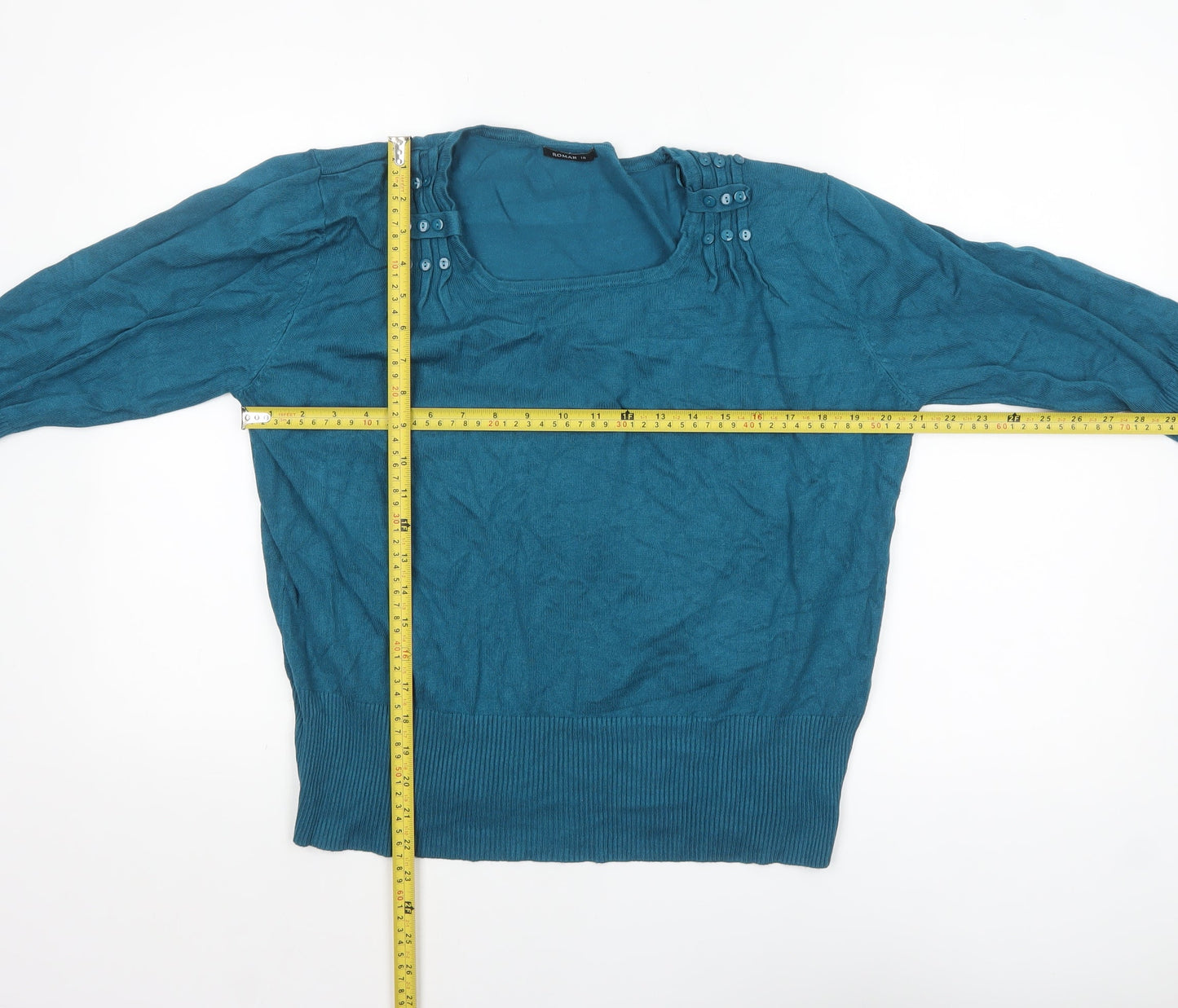 Roman Womens Blue Size 18 Square Neck Button Detail Pullover Jumper