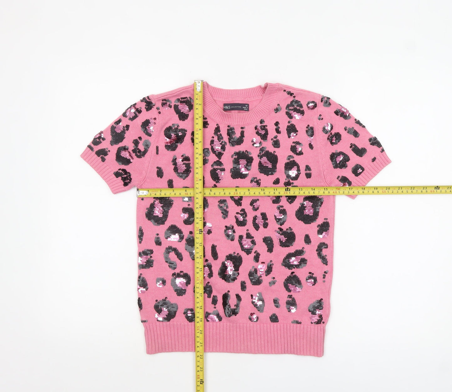 Marks and Spencer Women Pink Sequin Leopard Knit Jumper Size 10