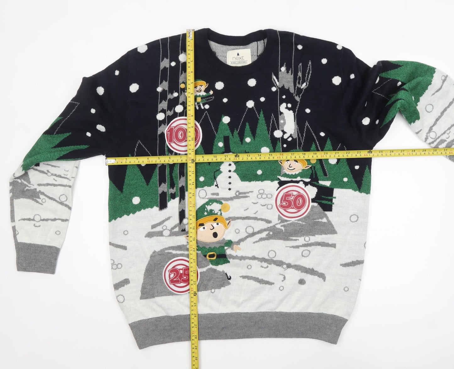 Next Men's XL Christmas Elf Graphic Pullover Jumper in Green and Grey