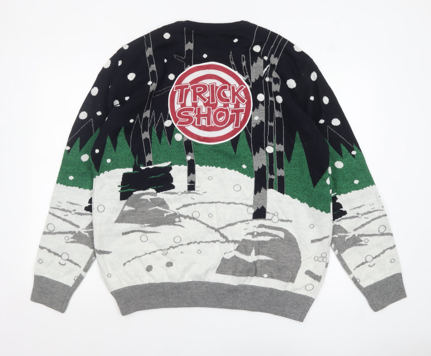 Next Men's XL Christmas Elf Graphic Pullover Jumper in Green and Grey